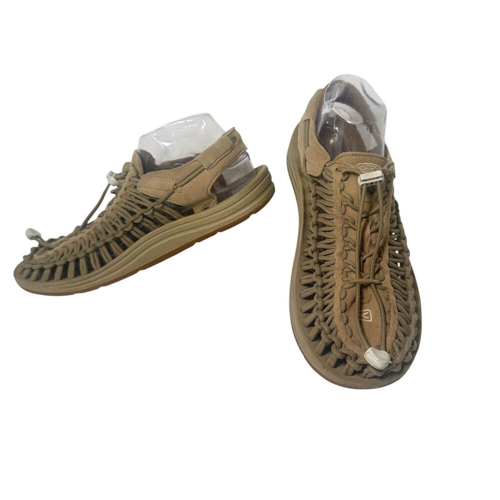 Keen Uneek Sandals Mens US 10 Gray Suede Walking Hiking Woven Bungee White Logo